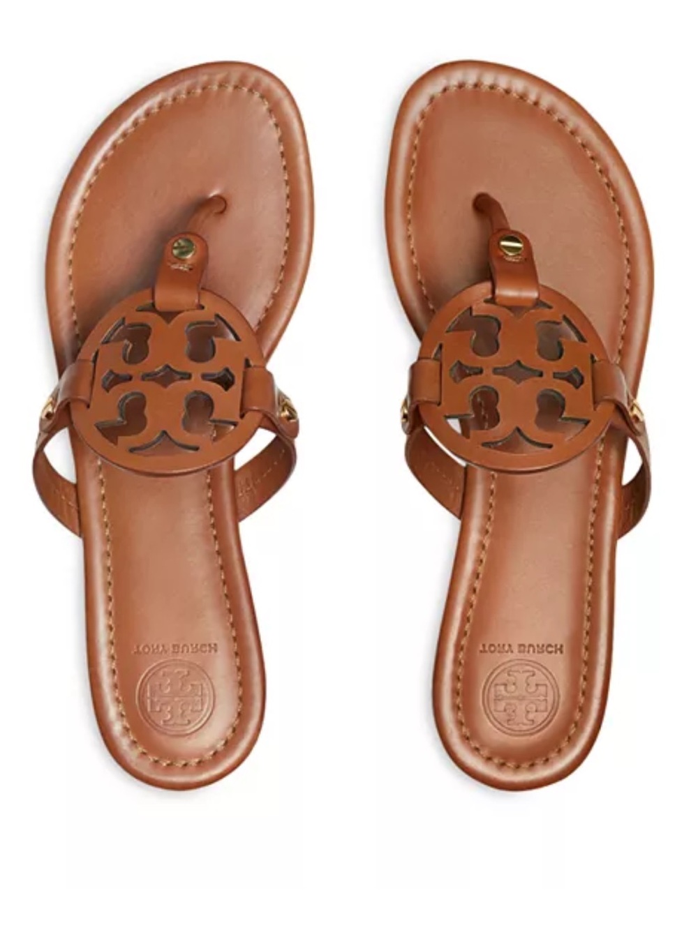 Tory Burch Tan Leather Logo Thong Sandals with Cutout Medallion